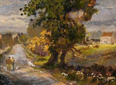 Jack Cross (early 20th century) Figures on a country path with houses in the distance, oil on board,