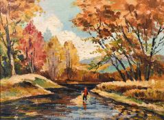 Canadian School, 20th century, Angler on a river in an autumn landscape, oil on board, 12
