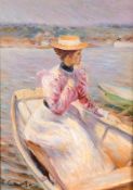 R. Caurte (20th century) An elegant Lady in a straw hat seated in a boat, oil on panel, signed, 7