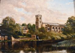 19th century English school, A church and buildings by a river, possibly Shortheath Road, Farnham,