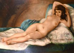 20th century school, A female Nude reclining on a bed, oil on board, 41