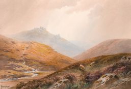 Charles Hannaford (1863-1955) British, Sheep on a hillside with a distant rocky tor, watercolour,