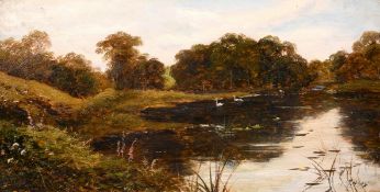 Theodore Hines (19th century) British, Swans on a lake with wildflowers in the foreground, oil on