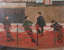 Modern British school, Figures leaning on railings with buildings beyond, oil on canvas, inscribed