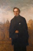 19th century English school, Portrait of a young man holding a mortarboard hat with a city beyond,