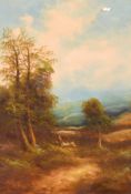 Late 19th Century School, Shepherdess in a landscape, oil on board, indistinctly signed, 19.5