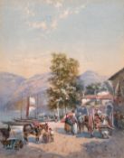 Charles Rowbotham, Traders conversing on a coastal trail with boats and buildings, watercolour,