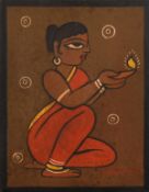 Jamini Roy (1887-1972) Indian, A female figure holding an oil lamp, gouache, signed, 10