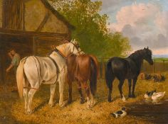 After Herring (19th century), Horses, sheep and ducks outside a barn, oil on board, 10