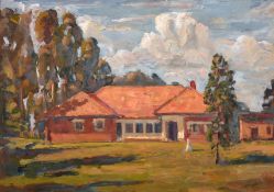 John Brown (20th century) Scottish, A homestead with trees on a cloudy day, oil on board, with