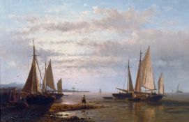 Abraham Hulk Senior (1813-1897) Dutch, A coastal scene at dusk with figures and boats, oil on panel,