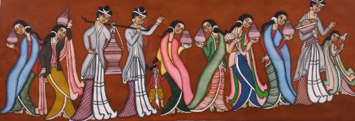 20th century Burmese school, A scene of female figures, watercolour on fabric, with inscription,