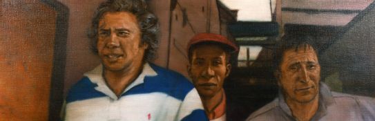 Ray Richardson (b.1964), 'Barrowboys' 2011, Three male figures, oil on canvas, signed verso and