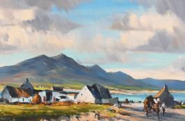 Attributed to Kenneth Webb (b.1927) An Irish landscape with farm buildings and a horse and figure