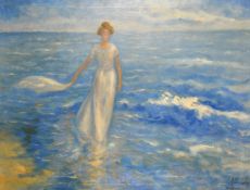 Albert Redon (20th century), A woman in a white dress walking on a shoreline, oil on canvas,