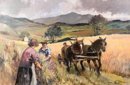 Tom Brown (b. 1933) Salford school, A harvesting scene with a valley and hills beyond, oil on