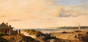 20th Century school, figures conversing by a cottage with a coastal view beyond, oil on panel, 8