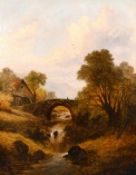 J. Andrews (19th century school) British, an angler on a mountain stream with a watermill and bridge