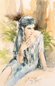 Gordon King (b. 1939) British, Portrait of a seated lady in a head scarf, watercolour, signed, 21