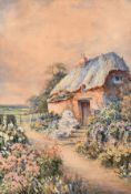 John Stannard (19th century) British, a thatched cottage with flowers in bloom, watercolour, sign,
