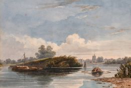 Circle of Varley (19th century), A scene of barges on a river with a town beyond, watercolour, 7.25