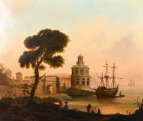 Early 19th century Continental School, A view of a ship moored in a bay with classical buildings,