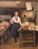 Mostyn (early 20th century) A scene of figures in a fishmonger's stall, oil on canvas, signed 18