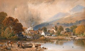 Aaron Edwin Penley (1806-1870) British, 'Loch Lomond', figures and a boat by the edge of a loch with