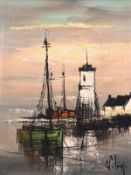 Pierre Wilnay (20th century) French, Boats in a port with a lighthouse, circa 1960, oil on canvas,