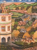 Early 20th century Indian school, A Mewar School scene of a Maharaja's hunting party with wild