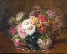 Late 19th century French school, A still life of mixed flowers in a vase, oil on canvas, signed (