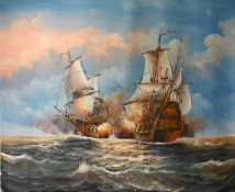 R. Potter 20th century, Naval ships at battle, oil on canvas, signed, unstretched and unframed, 20.