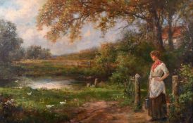 Stanley Leighton (1837-1901) British, A young lady with ducks by a river with fields beyond, oil