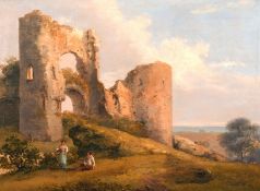 19th century English school, A scene of figures conversing by castle ruins with the sea beyond,
