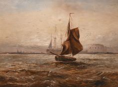 Late 19th century, English school, 'Entrance to Portsmouth Harbour', A boat leaving port with a fort