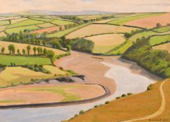 Robert Morson Hughes, Fields and a river in a rolling landscape, oil on board, signed, 10