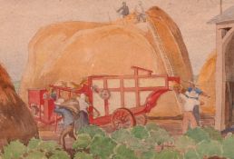 Phyllis Johnston (1905-1992) British, A pair of harvesting scenes, one titled 'Breton Threshing',