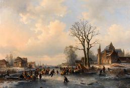 Louis Smets (19th century) Dutch/Belgian, 'Frozen River Landscape', villagers on a frozen