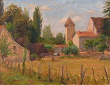 Derek Fowler (1919-1990) British, 'Farm near Moulin', Landscape with a building beyond, oil on