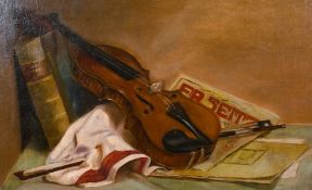 Early 20th century school, a still life study of a violin and sheet music, oil on canvas, 17