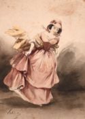 Two 19th century watercolours, the first depicting a lady in a pink dress, the second of a hunting