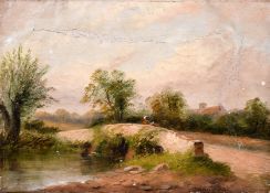 T. W. Williams (19th century) British, Figures on a bridge with a distant church, oil on canvas,