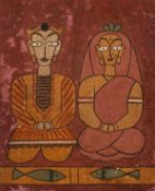 Jamini Roy (1887-1972) Indian, Kneeling figures with fish, gouache, 11.25