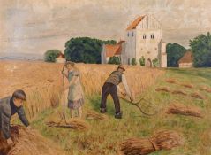Early 20th century school, figures harvesting near barns, oil on canvas, 18
