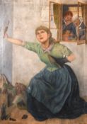 19th century German/Austrian school, A scene of an aspiring female figure cleaning shoes, oil on