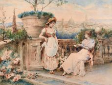 Circle of Glendenning, circa 1890, Two ladies on a terrace with a view of a continental city beyond,