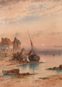Harry Williams (1854-1901) British, 'Bigbury Bay' a harbour scene at sunset, watercolour, signed,