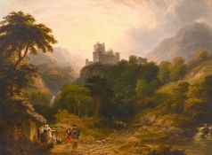 John Anthony Puller (1799-1867) British, A Highland scene with a castle on a hilltop and figures