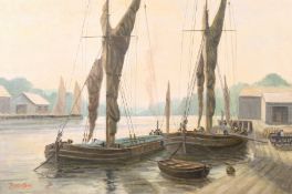 Trevor Covey (b. 1936) British, The barges 'Coronation' and 'Glasgow' Loading at a quay, oil on