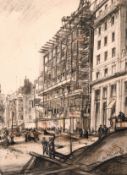 William Monk (1836-1937) British, A street view from Trafalgar square, charcoal, 10